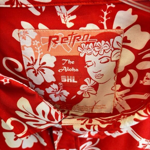 Retro Rifle Shirt Mens 3xl Red Floral Hawaiian Guns Aloha Stretch Button Up - Picture 3 of 4